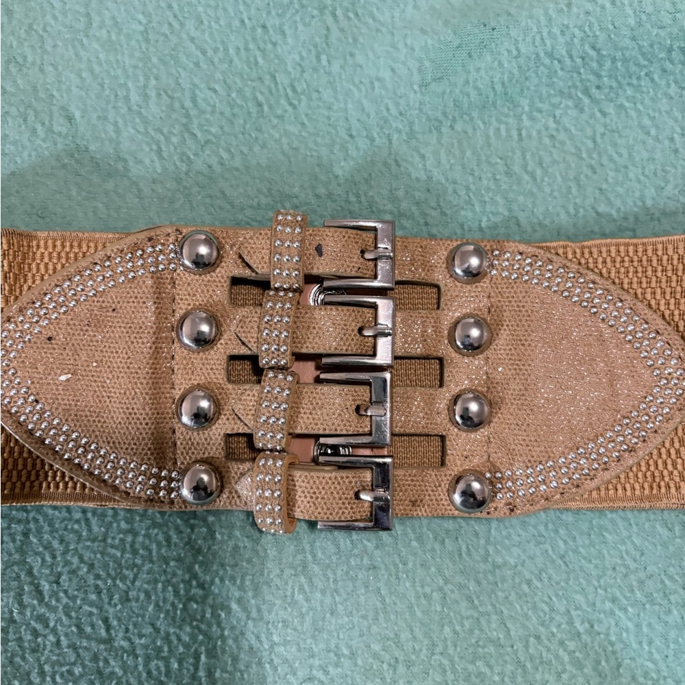3" Wide Silver Buckle and Stud Belt With 2 Snap Closure at the Back Women's Tan - Picture 7 of 10